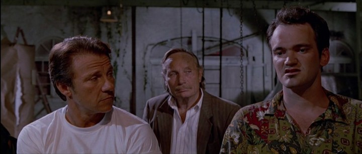 Quentin Tarantino con Harvey Keitel y Edward Bunker (actor y novelista) en "Perros de la Calle", de 1992.