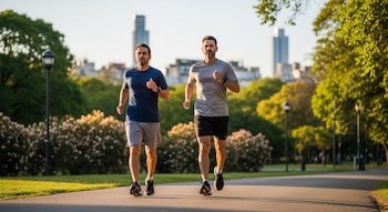 Dos hombres corren juntos por