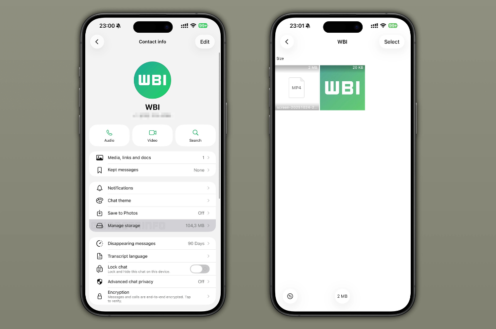 WhatsApp gestión almacenamiento chat individual