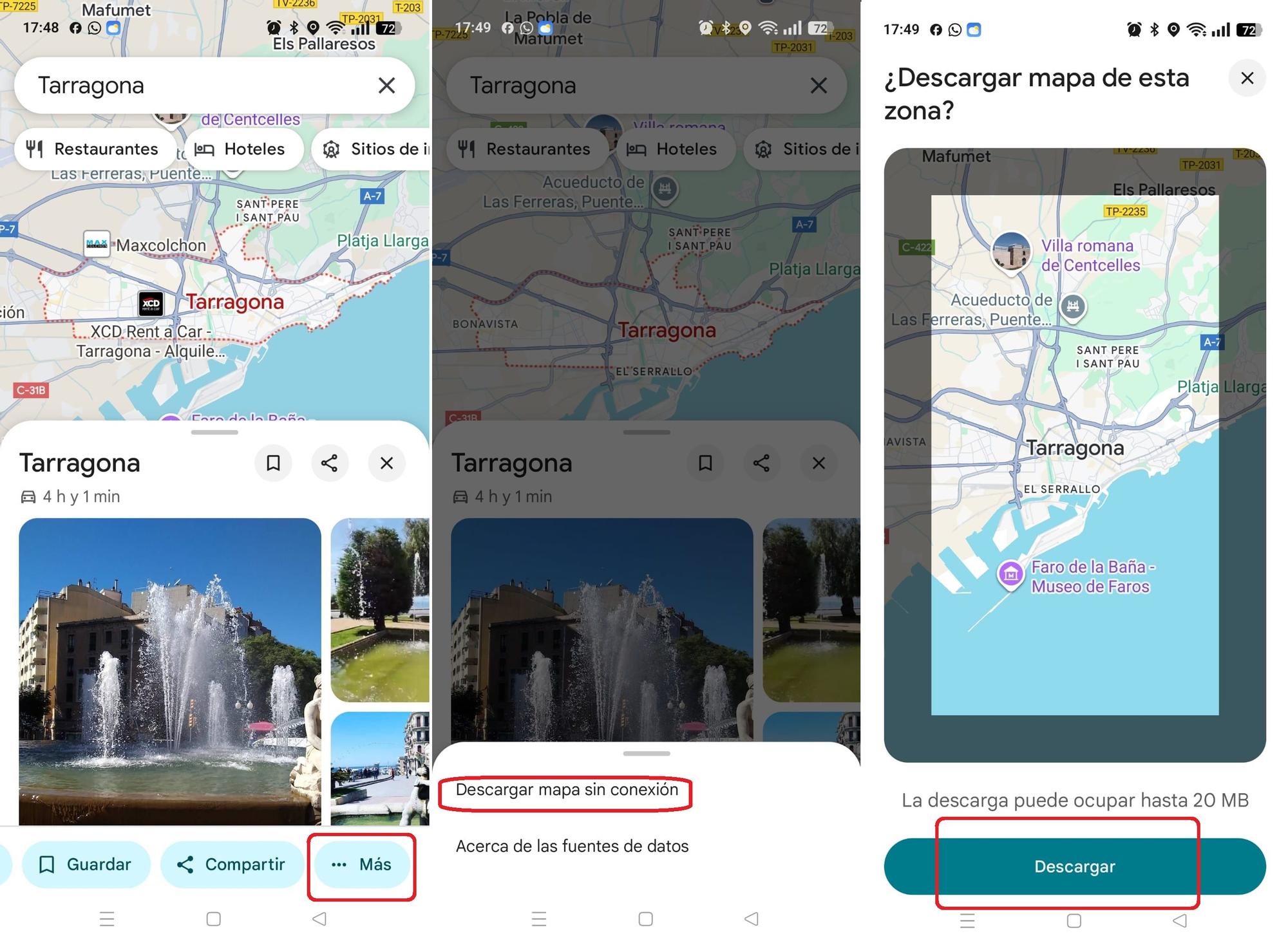 Pasos para activar la función 'Mapas sin conexión' una vez localizada la zona de interés