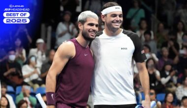 Carlos Alcaraz y Taylor Fritz posan antes de disputar la final de Tokio.