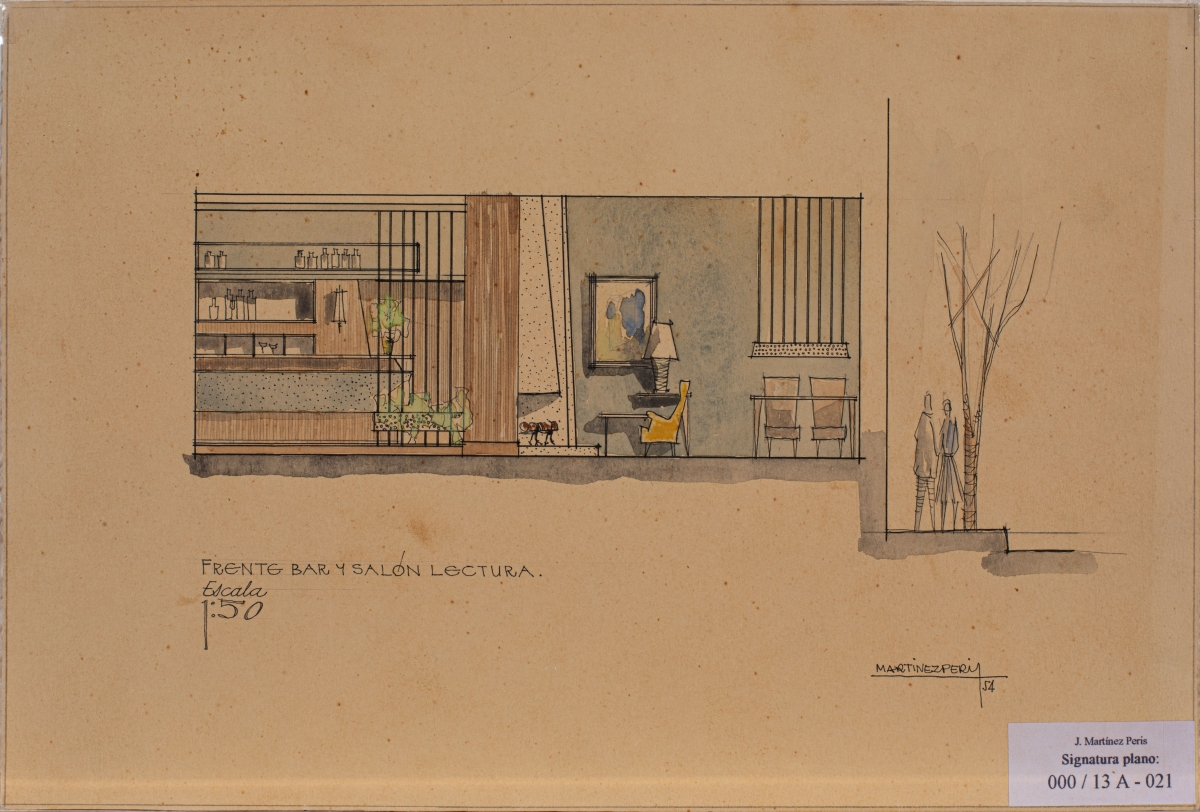 José Martínez Peris, Frente bar y salón de lectura, 1954. Arxiu Valencià del Disseny.