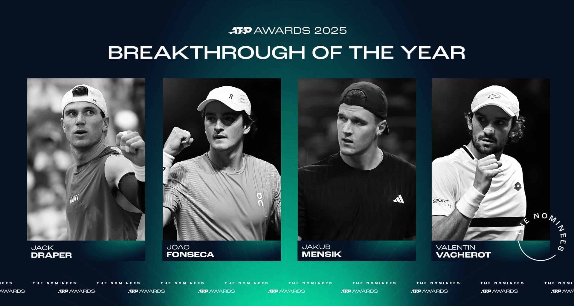 Jack Draper, Joao Fonseca, Jakub Mensik y Valentin Vacherot han sido nominados a Irrupción del Año en los Premios ATP 2025.