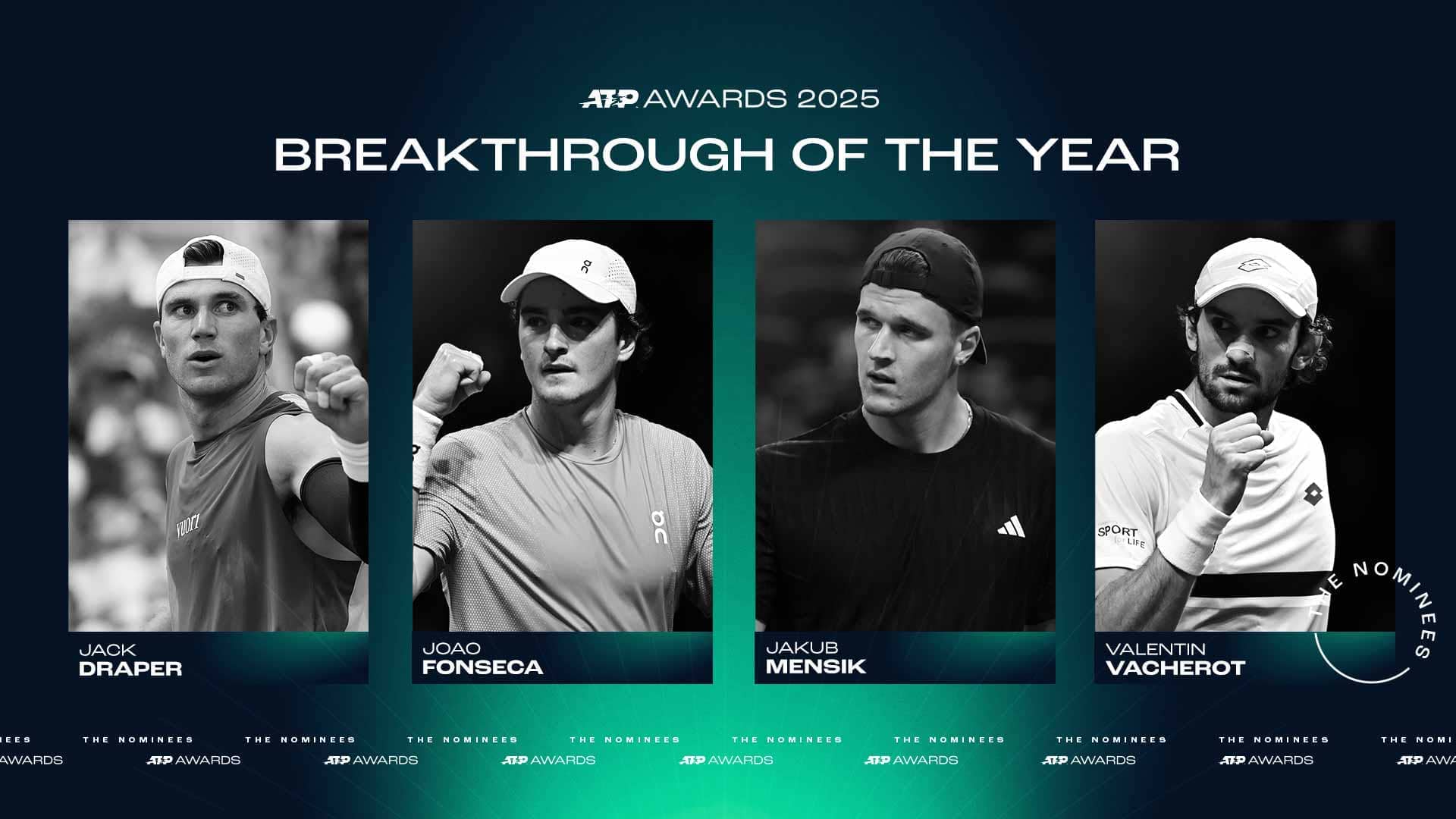 Jack Draper, Joao Fonseca, Jakub Mensik y Valentin Vacherot han sido nominados a Irrupción del Año en los Premios ATP 2025.