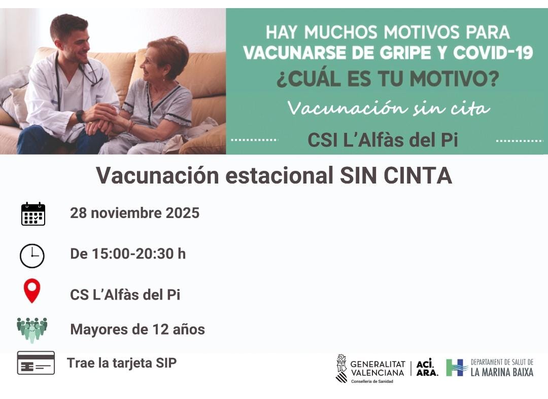 Mañana viernes Jornada de vacunación de gripe y COVID sin cita previa en el Centro de Salud de l’Alfàs - Ayuntamiento de l'Alfàs del Pi