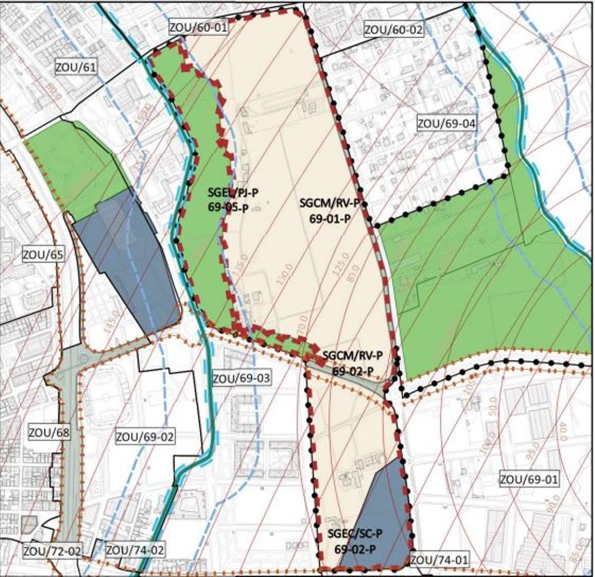 En suelo destinado al recinto ferial está en la parte inferior de la parcela de Son Güells, en el mapa de color azul.