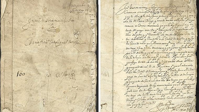 Portada y recto del primer folio del expediente matrimonial de Juan Bautista Martínez del Mazo y Francisca Velázquez