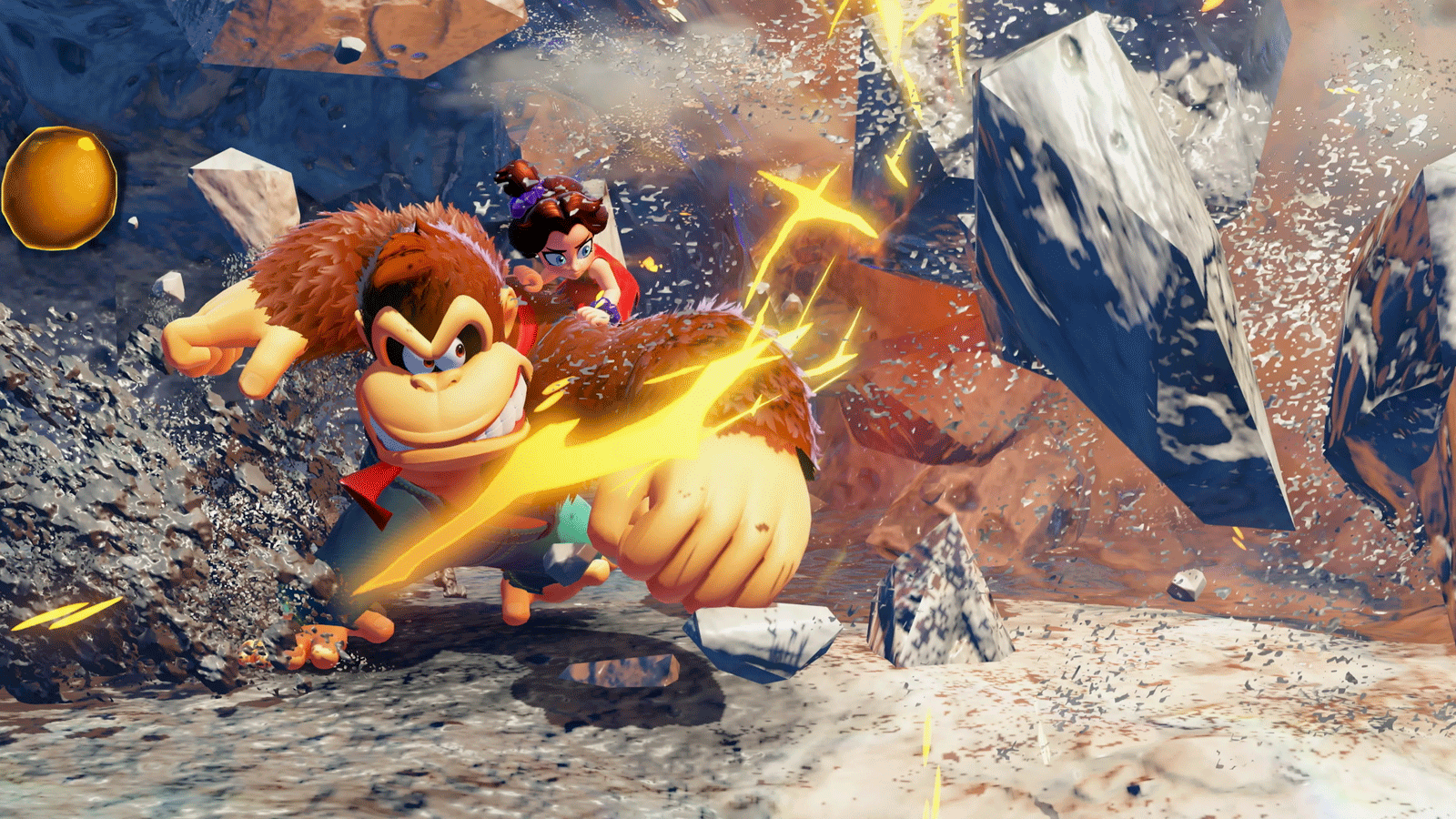 Donkey Kong y Diddy Kong en una escena de gameplay de Donkey Kong Bananza, saltando entre plataformas en un nivel de jungla con gráficos detallados.