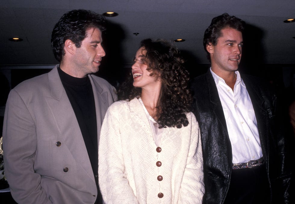 new york city november 2: actor john travolta, actress andie macdowell and actor ray liotta attend the motion picture bookers clubs 50th anniversary celebration on november 2, 1989 at the marriott marquis hotel in new york city. (photo by ron galella, ltd./ron galella collection via getty images)
