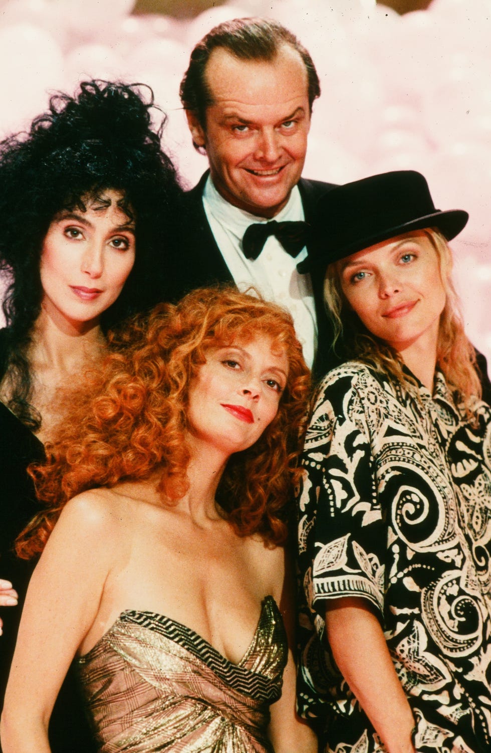 circa 1987: (clockwise) cher, jack nicholson, michelle pfeiffer and susan sarandon pose for the warner bros movie the witches of eastwick circa 1987. (photo by hulton archive/getty images)