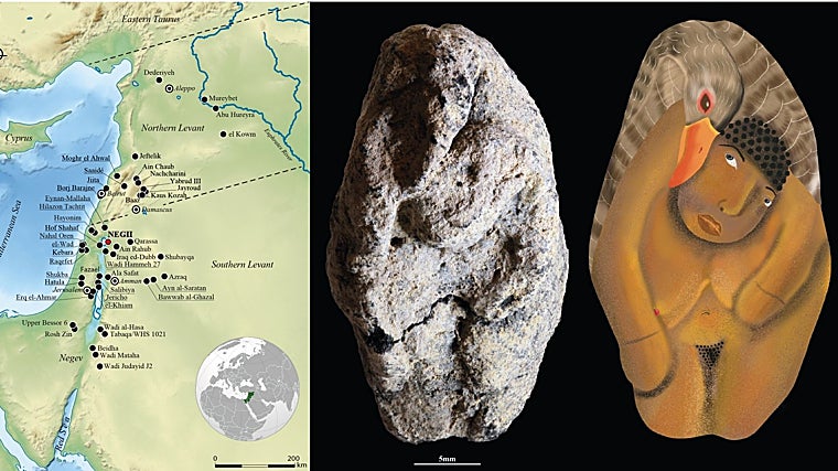 Mapa de la ubicación del yacimiento de Nahal Ein Gev II. A la derecha, la figurita y una recreación de cómo era en realidad