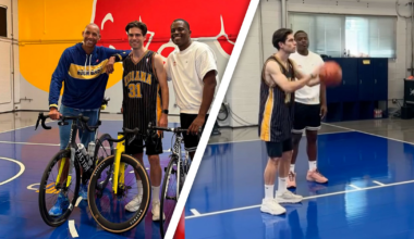 El encuentro entre Wout Van Aert y Reggie Miller, leyenda de la NBA y ávido cicloturista... ¡con 'exhibición' de mecánica de tiro del belga!