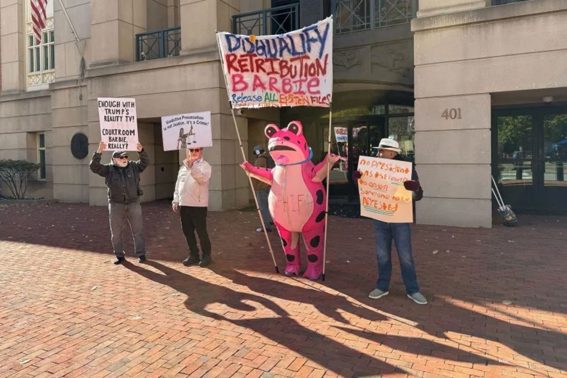 Los manifestantes sostienen carteles afuera del Palacio de Justicia de Estados Unidos Albert V. Bryan en Alexandria, Virginia, el 13 de noviembre, durante una audiencia sobre la autoridad del fiscal estadounidense Lindsey Halligan.