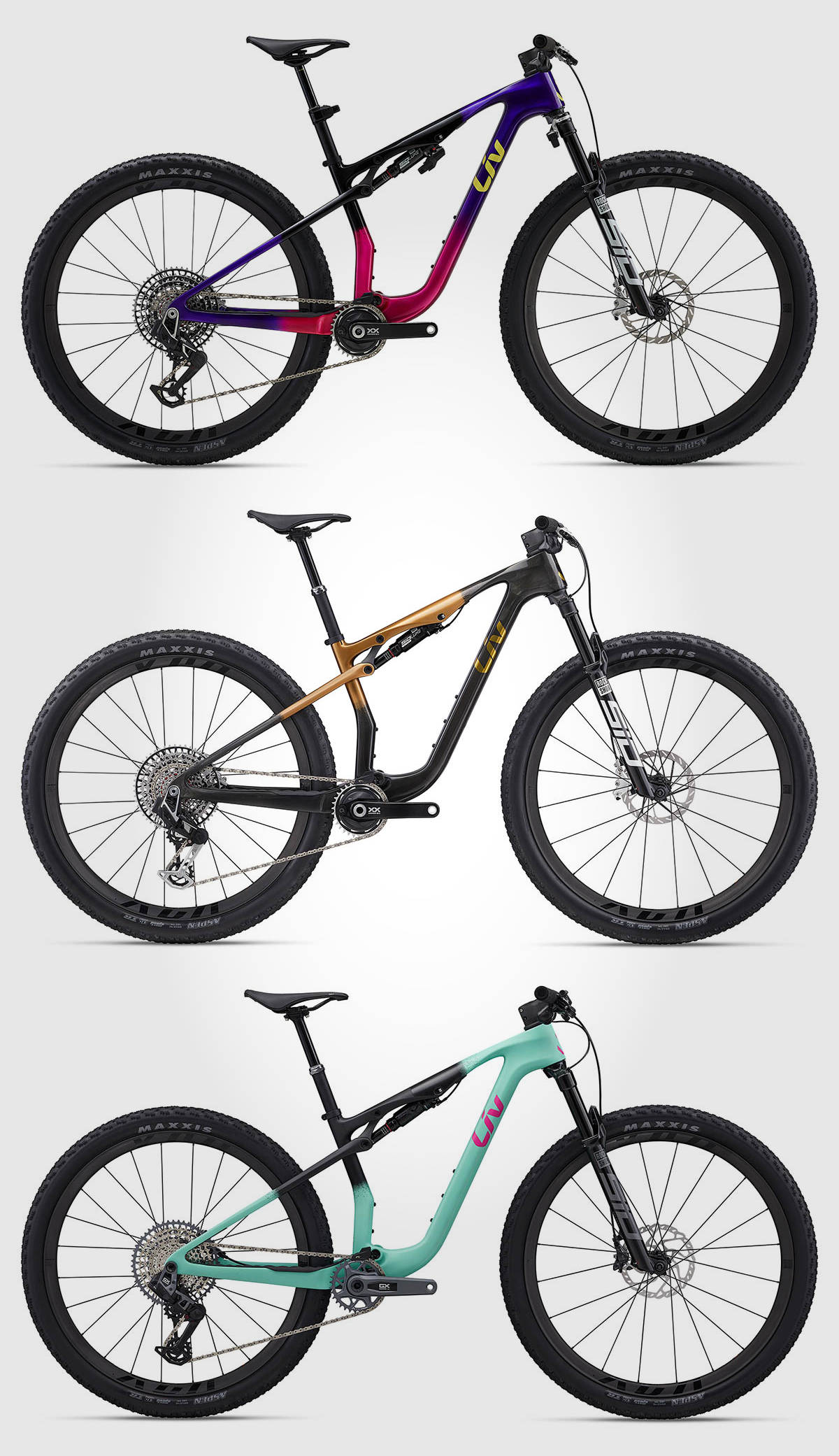 De arriba hacia abajo: Liv Pique Advanced SL SE, Liv Pique Advanced SL 0 y Liv Pique Advanced SL 1. Imagen: Liv Cycling