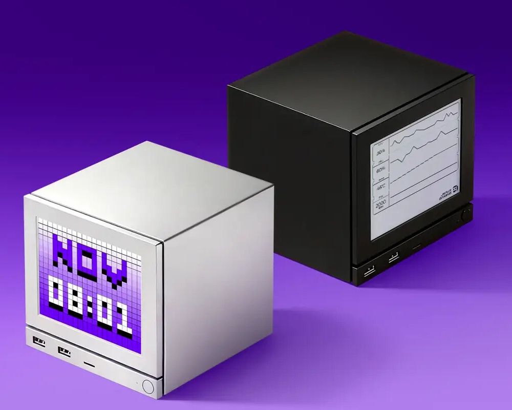 Detalle del render del panel frontal de JSAUX con pantalla de tinta electrónica (e-ink) para la Steam Machine.