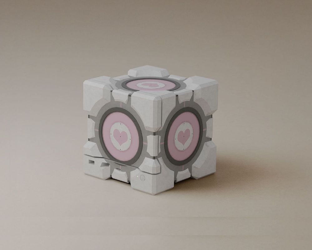 Render de la Steam Machine con la carcasa completa edición limitada Companion Cube, inspirada en el videojuego Portal.