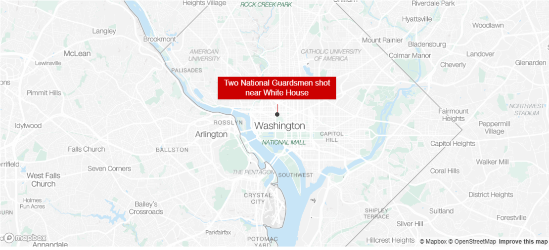 Dos miembros de la Guardia Nacional murieron en la ciudad de Washington tras tiroteo.