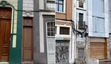 Dos fachadas estrechas en Vegueta: una nunca fue vivienda; la otra sí lo parece.