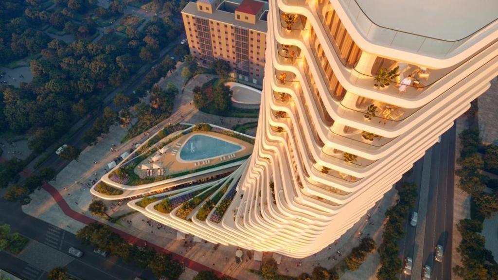 Otra perspectiva de la torre de viviendas.