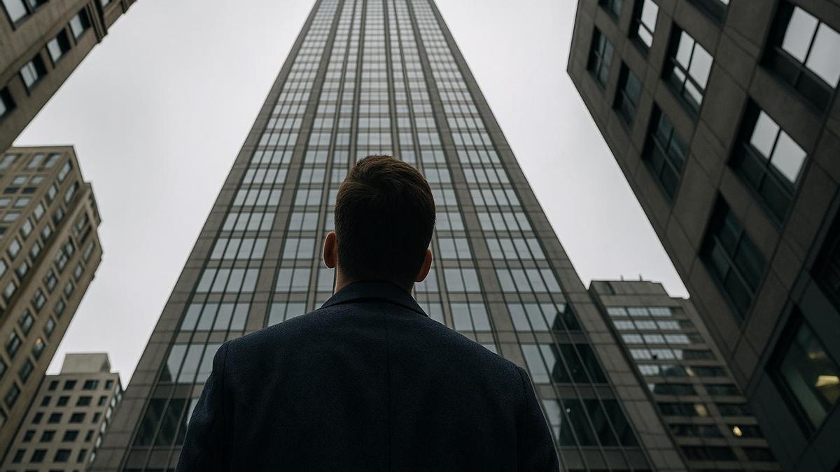 Un hombre mira a lo alto de un edificio