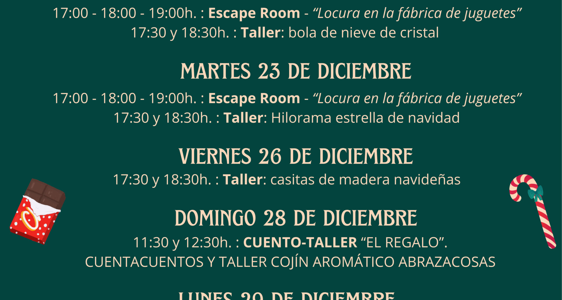 Un escape room, hiloramas de estrellas, bolas de nieve de cristal, casitas de chocolate o de madera navideñas, en los talleres de Cultura para esta Navidad