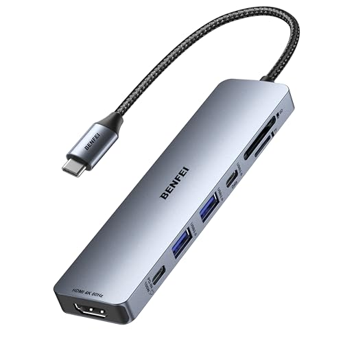 BENFEI HUB USB C 7 en 1 con HDMI (4K@60Hz), 2*USB-A, 1*USB-C de Datos, Carga 100W, Lector de Tarjetas SD/TF, Cable de Silicona antienredos