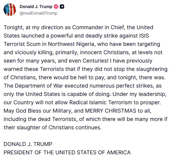 Mensaje de Trump sobre el ataque en Nigeria