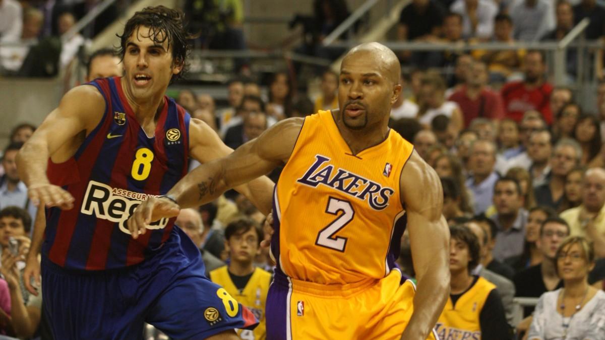 Víctor Sada tratando de detener a Derek Fisher en el Barça - Lakers de 2010