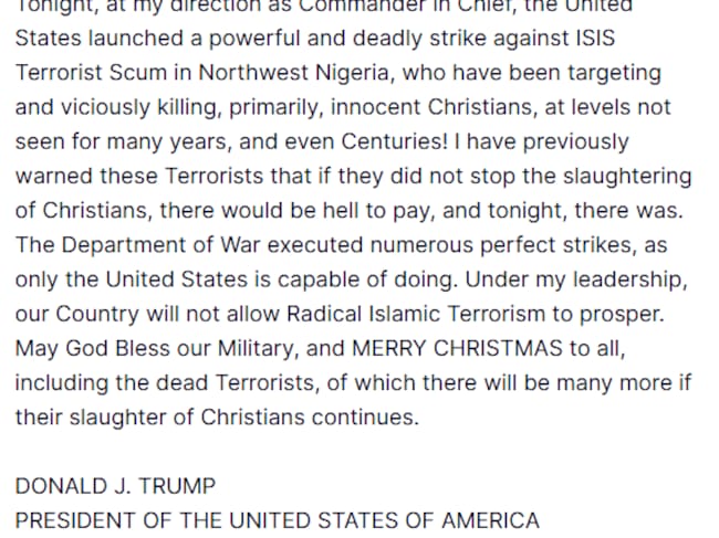 Mensaje de Trump sobre el ataque en Nigeria