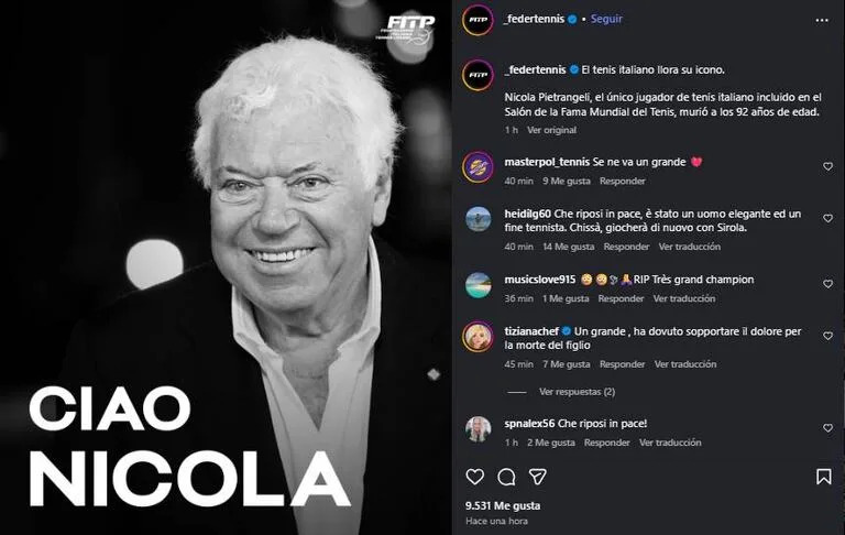 Murió Nicola Pietrangeli a los 92 años: fue una figura del tenis italiano.