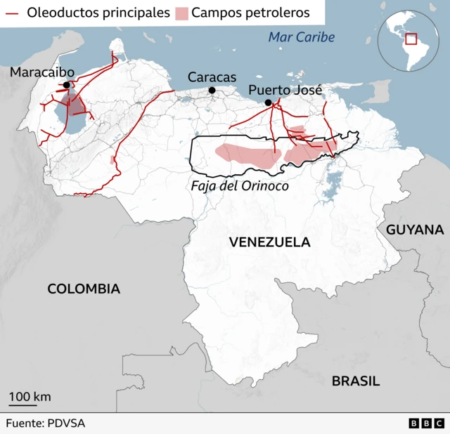 Mapa de Venezuela que muestra dónde están ubicados los oleductos y campos petroleros.
