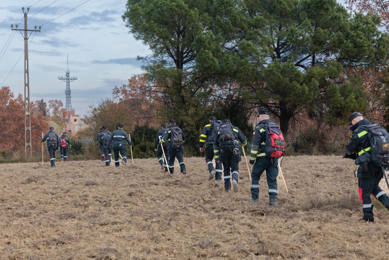 Efectivos de la UME de Aragón desplegados por una zona de Collserola de la población de Cerdanyola del Vallès en la búsqueda de posibles cadáveres de jabalís