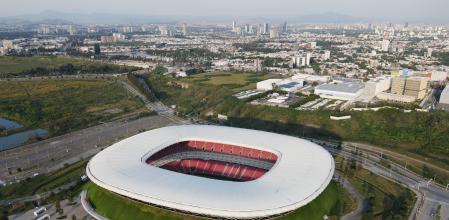 FILE - Akron Stadium, a 2026 FIFA World Cup venue, sits in Guadalajara, Mexico, Thursday, Oct. 16, 2025. (AP Photo/Eduardo Verdugo, File)