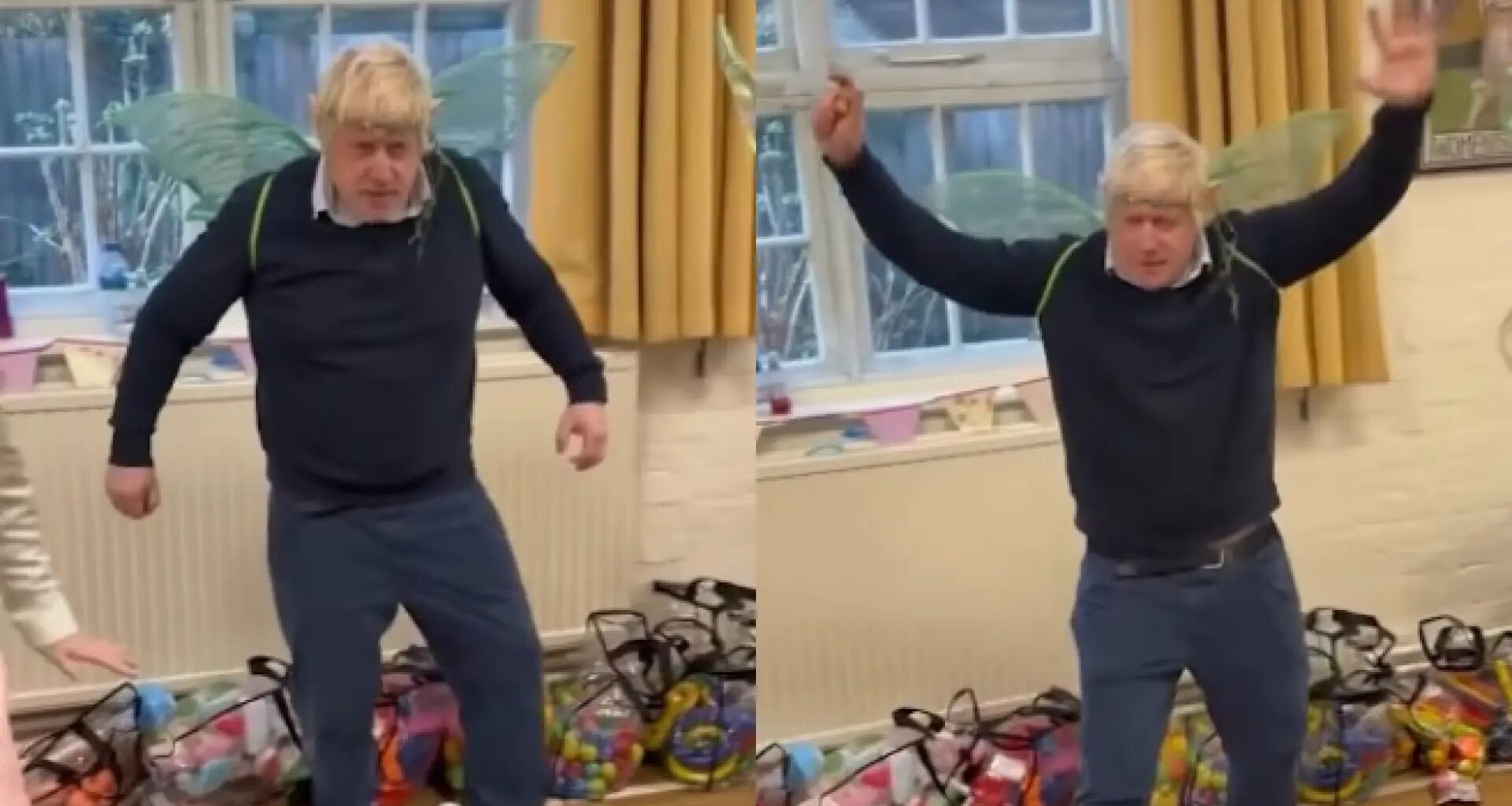 bailando y con unas alas de hada en la espalda