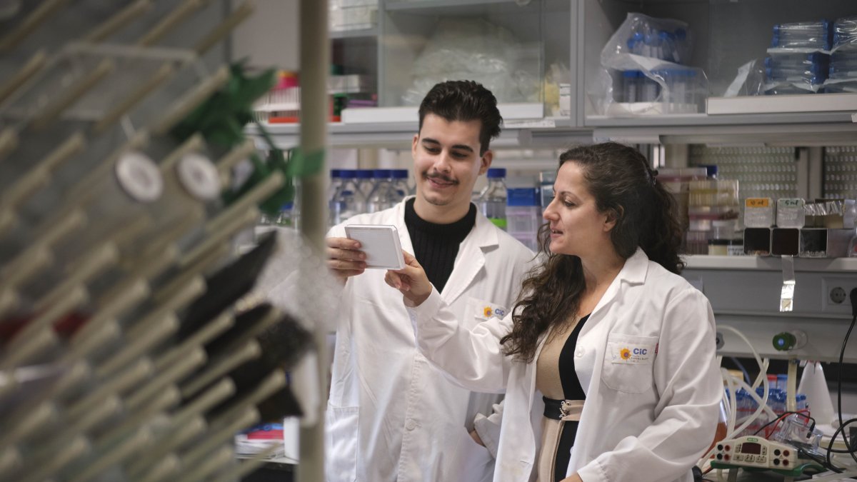 Vicente Fernández, estudiante de doctorado, y Sandra Blanco, científica titular del Centro de Investigación del Cáncer de Salamanca