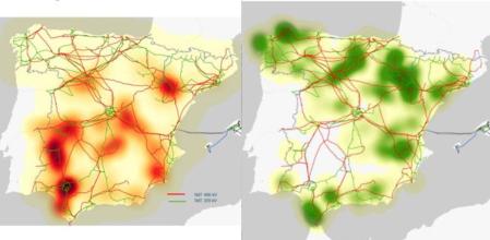 Distribución de las plantas de energía solar (rojo) y de los parques de energía eólica (verde)