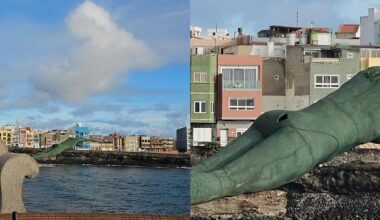 Imagen de la escultura localizada en la playa de La Garita de Telde y detalle del hueco que tiene una de ellas.