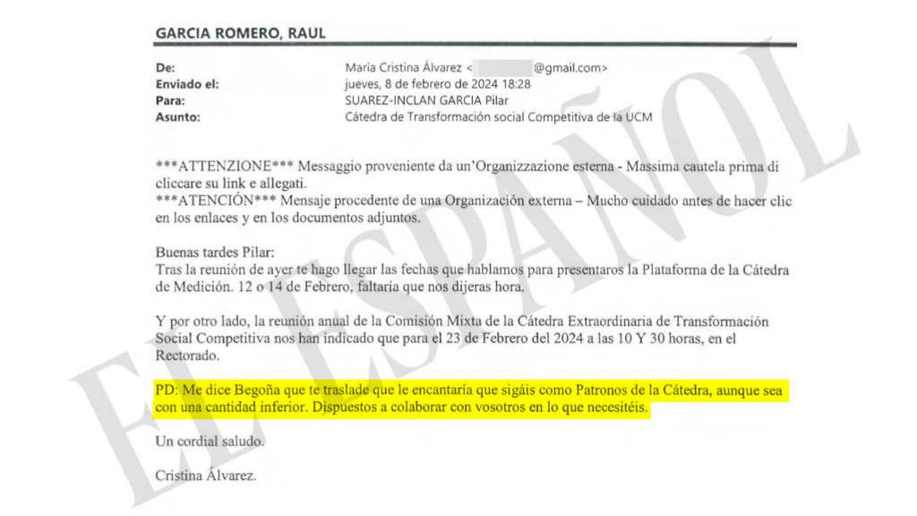 Correo enviado por Cristina Álvarez a Reale Seguros instando a seguir financiando la cátedra de Begoña.