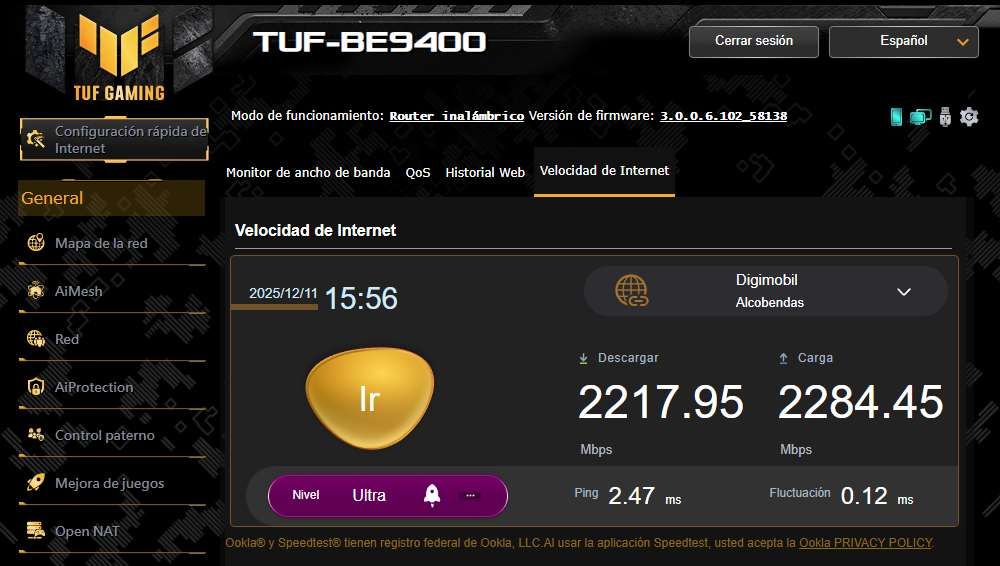 Test de velocidad desde el firmware del router ASUS TUF-BE9400.