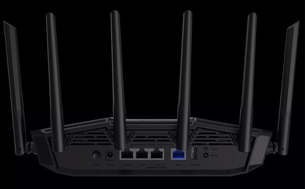 Vista trasera del router gaming ASUS TUF-BE9400 con todos sus puertos.