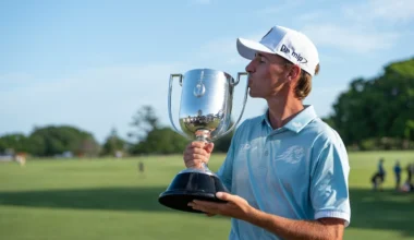 David Puig besa el trofeo de ganador del Australian PGA Championship (© Golffile