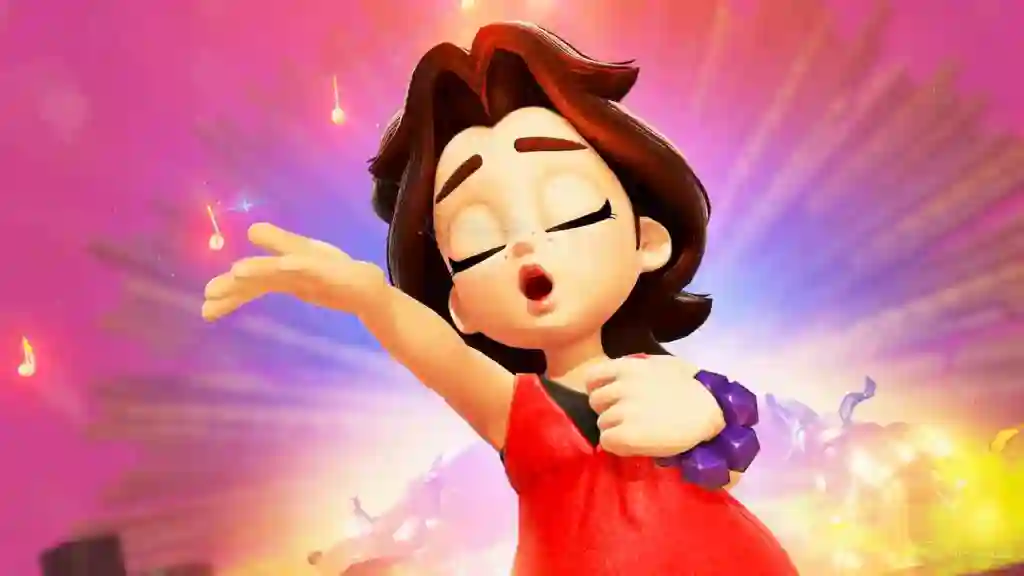 Pauline canta apasionadamente con los ojos cerrados y la mano extendida en el videoclip "Heart of Gold" de Donkey Kong Bananza, rodeada de destellos y notas musicales.