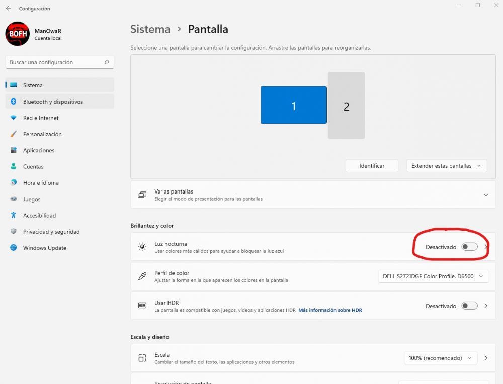 Luz nocturna Windows 11