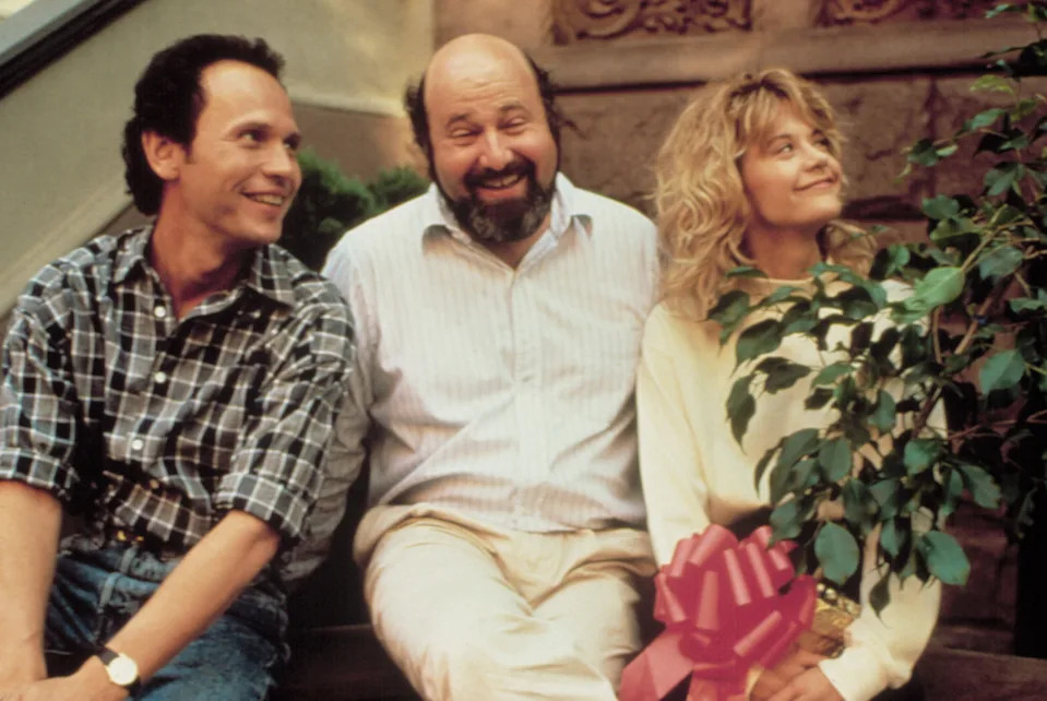 Billy Crystal, Rob Reiner y Meg Ryan en el rodaje de 