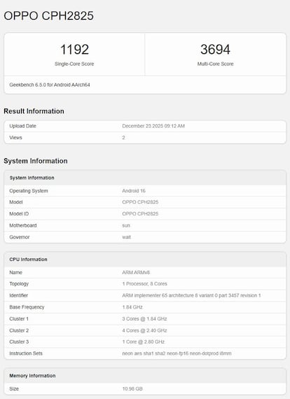 Resultados del OPPO Reno15 global en la prueba Geekbench.
