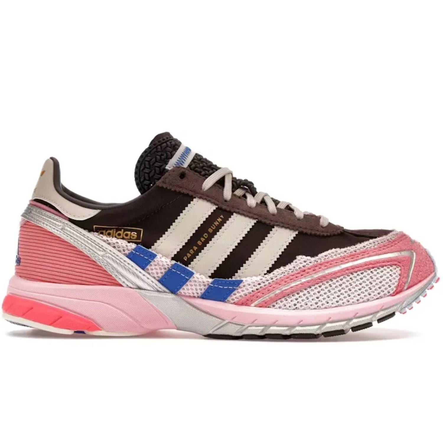 Vista lateral de los tenis Bad Bunny x adidas AdiZero SL72 ‘Archive sobre fondo blanco