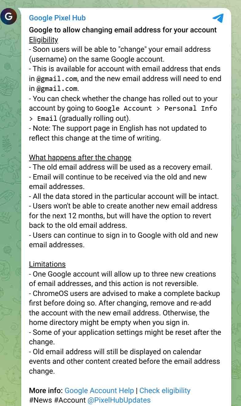 Captura del mensaje en Telegram con el cambio de cuenta en Gmail