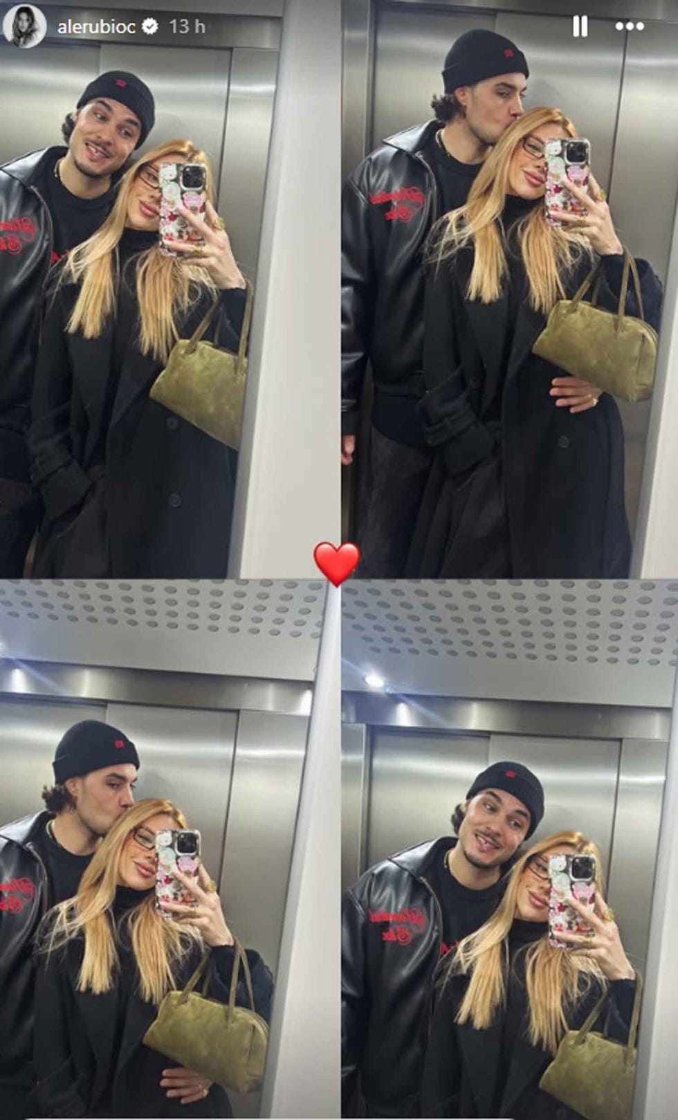 selfie in an elevator featuring two people with blurred faces
