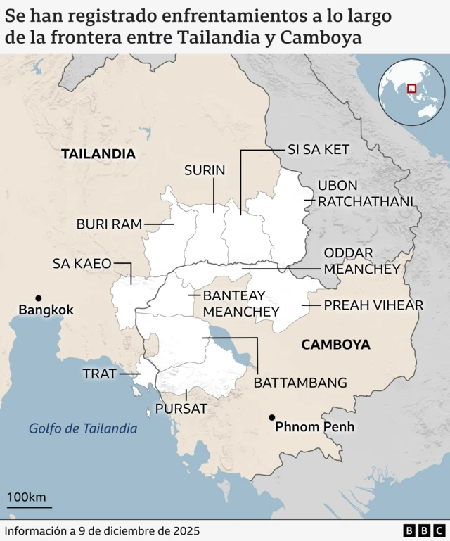 Mapa que muestra la frontera entre Tailandia y Camboya y las zonas en disputa.