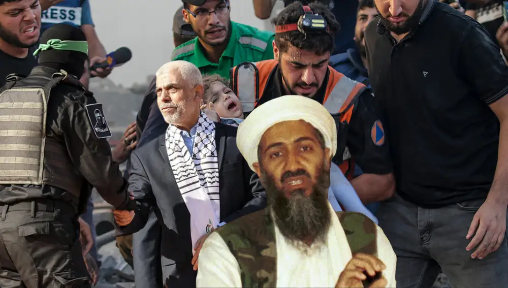 Osama Bin Laden, en primer plano; el líder Hamás, Yahya Sinwar, y una imagen de la guerra de fondo